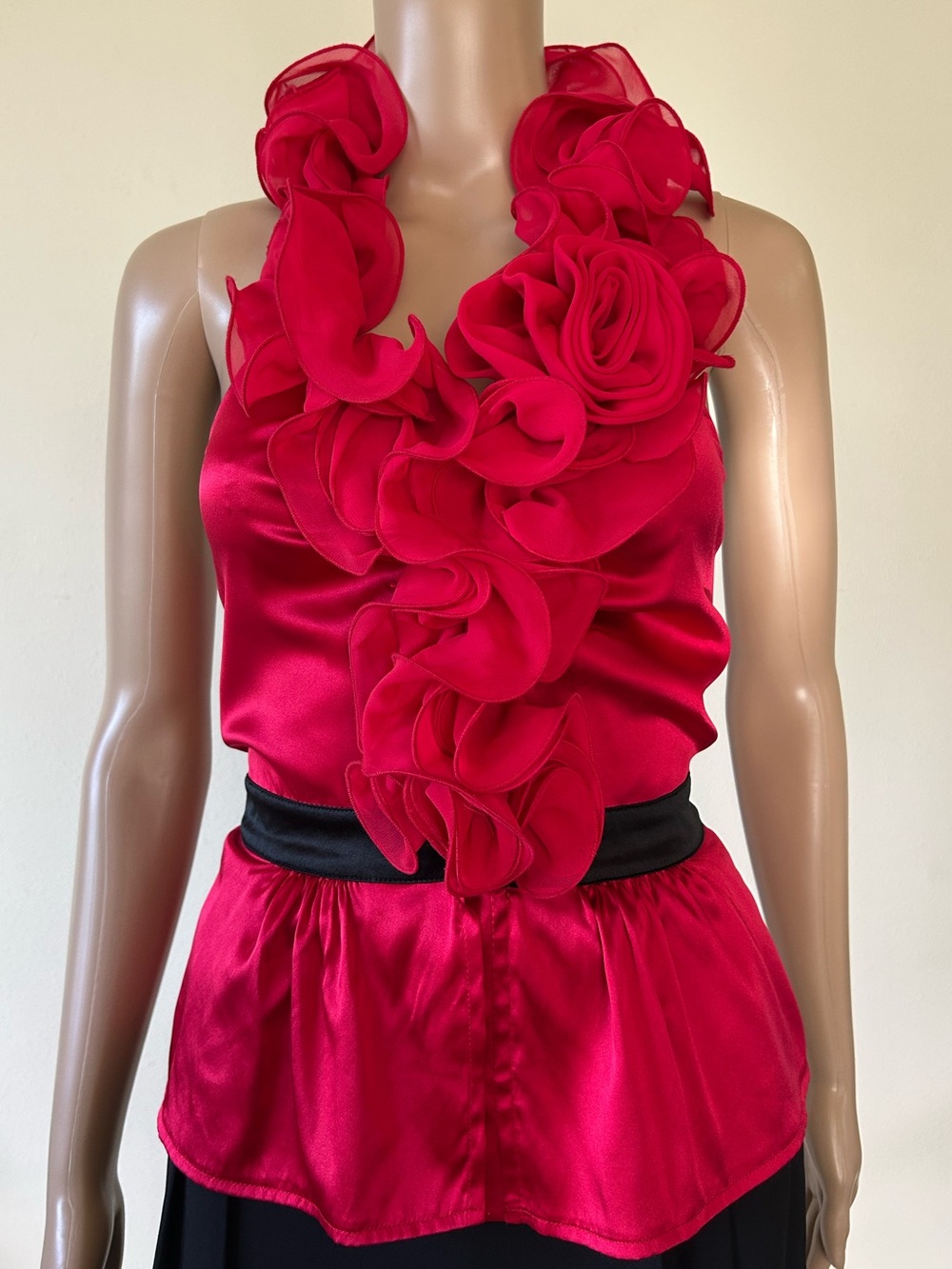 bebe Red One-Shoulder Ruffle Satin Halter Top